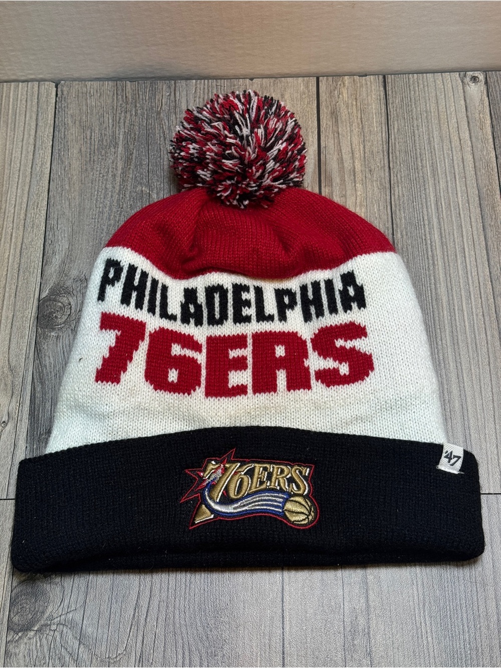 New Philadelphia 76ers Retro Logo ‘47 Brand Beanie w/pom Knit Red Black Hat